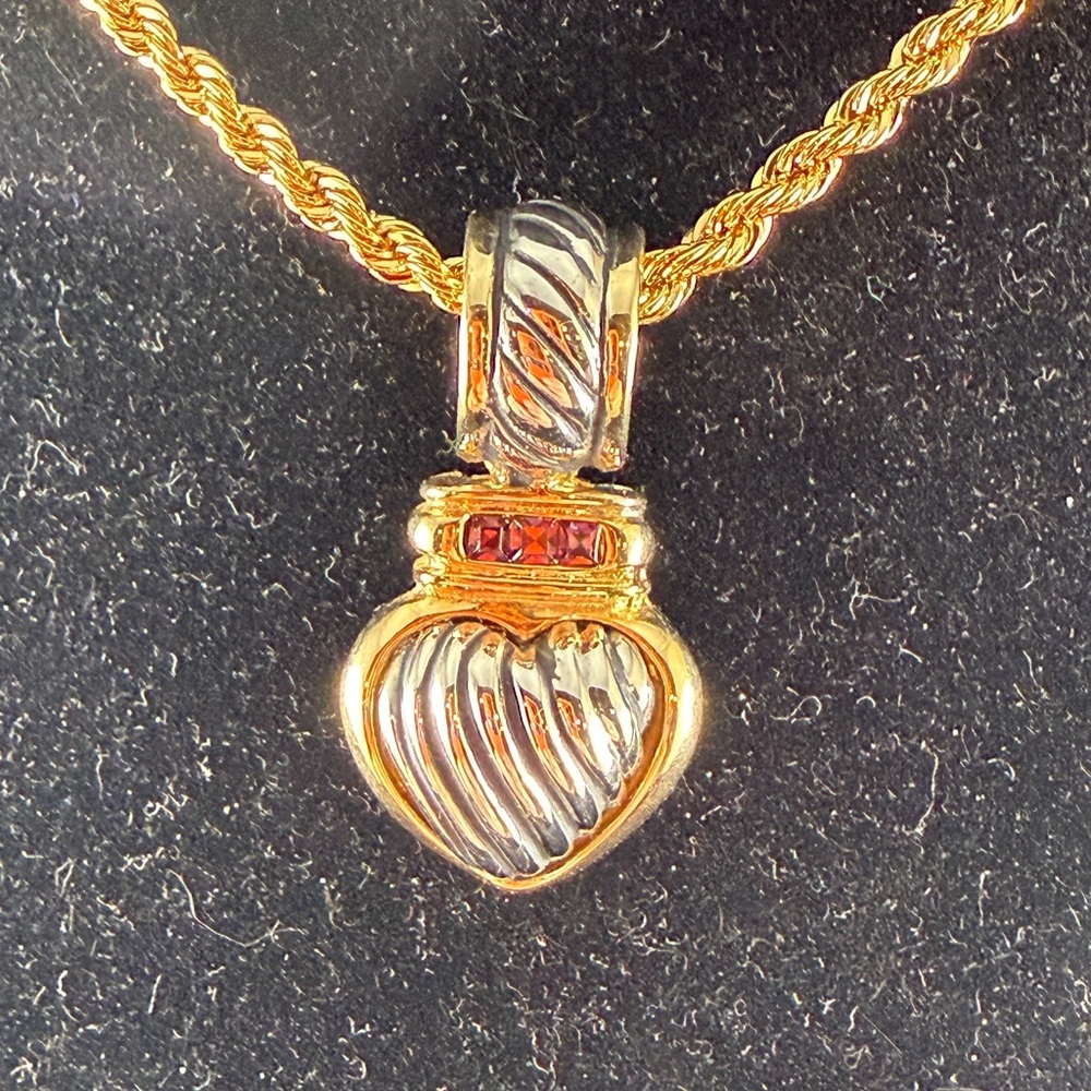 Elegant Gold and Silver Heart Necklace with Red Gemstone - Picture 3 of 4